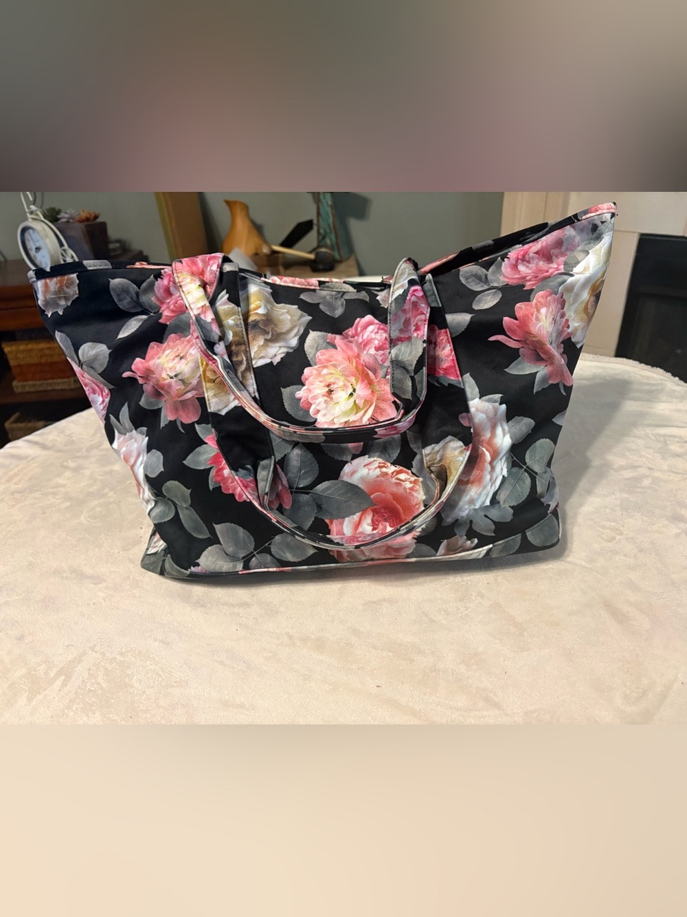 Tabitha Webb Black Floral Tote Bag with Pink Rose Print